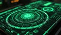 Futuristic green display shows complex HUD interface with circular patterns, data charts, and grid lines. Advanced tech screen Royalty Free Stock Photo