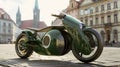 Futuristic green electric motorcycle parked on the old town square