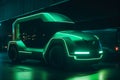 Futuristic green EV truck. Car of the future. Electric car in green neon color