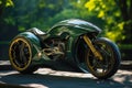 A futuristic green glossy electric motorcycle in a sustainable green city on a bright sunny day