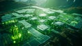 Futuristic Green Hydrogen Production From Solar Energy. Towering Solar Panels and Electrolyzers. Generative AI