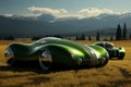 Futuristic green metallic biomorphic electric vehicle parked in beautiful mountain landscape