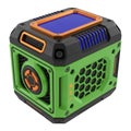 Futuristic Green and Orange Cube Gadget with Blue Display and Vents technology device Royalty Free Stock Photo