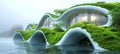 Futuristic green-roofed architecture on waterfront. Eco-friendly building with living roof by the lake. Concept of Royalty Free Stock Photo