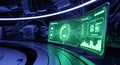 Futuristic green screen displays data and user interface elements in a high tech setting Royalty Free Stock Photo