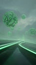 Futuristic Green Spheres Floating Above Neon Roads and Cloudy Sky Royalty Free Stock Photo