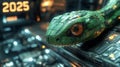 A futuristic green wooden snake with robotic features in a high-tech environment, 2025