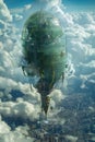 Futuristic Greenhouse Airship Floating Above Cityscape with Lush Clouds Dreamy Eco Friendly Concept Art Royalty Free Stock Photo