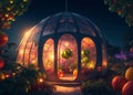 A futuristic greenhouse with genetically modified glowing fruits