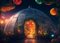 A futuristic greenhouse with genetically modified glowing fruits