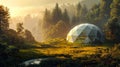 A futuristic greenhouse with a geodesic dome, set in a misty forest at dawn. Royalty Free Stock Photo