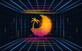 Futuristic grid sunset with coconut tree abstracts.Future theme concept background.vector and illustration