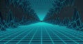 Futuristic grid tunnel with geometric shapes, digital landscape image
