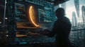Futuristic hacker analyzing data on a digital interface in a high-tech urban environment
