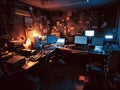 Futuristic hacker den with computers and gadgets