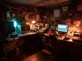 Futuristic hacker den with computers and gadgets