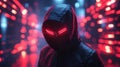 futuristic hacker icon highlighted by neon lights with abstract sci-fi background