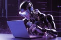 Futuristic hacker robot, cybersecurity concept and data protection technology. Security using artificial intelligence