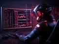 A futuristic hacker working with advanced technology, illuminated by red lights and data displays on a high-tech computer