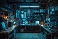 Futuristic Hacker Workspace with Monitors and Tech