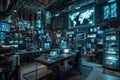 Futuristic Hacker Workstation with Multiple Monitors and World Map Display
