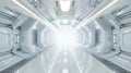 Futuristic hall corridor on spaceship. Light Interior of intergalactic ship. Space travel concept. Generative AI