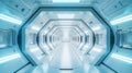 Futuristic hall corridor on spaceship. Light Interior of intergalactic ship. Space travel concept. Generative AI