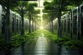 Futuristic hallway with trees in the background. 3D rendering, Bright server room with trees and grass growing out out of servers