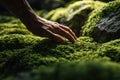 Futuristic hand gently exploring a vibrant tapestry of moss in an enchanting forest illuminated by soft diffused light Royalty Free Stock Photo