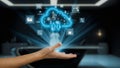 Futuristic hand holding glowing cloud icons, symbolizing data transfer, cloud storage technology, digital interface Royalty Free Stock Photo