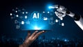 Futuristic Hand Holding Tablet with AI Elements in Digital Connection Background Representing Technology and Innovation Royalty Free Stock Photo