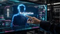 Futuristic hand interacting with advanced automation interface on illuminated digital touchscreen panel Royalty Free Stock Photo