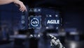 Futuristic Hand Interacting with Digital Interface Displaying Agile Development Concepts with Icons and Graphs in a Royalty Free Stock Photo