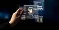 Futuristic Hand Interacting with Digital Interface that Displays Artificial Intelligence Data and Analytics on a Dark Royalty Free Stock Photo