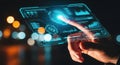 Futuristic hand interacting with glowing digital interface displaying data and analytics Royalty Free Stock Photo