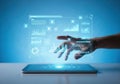A futuristic hand interacting with a holographic digital interface on a tablet device Royalty Free Stock Photo