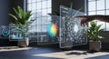 Futuristic hand interacts with holographic display showing complex data visualizations and graphs Royalty Free Stock Photo