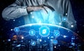 Futuristic Hand Manipulating Data Visualizations Over Globe with Connected Icons Representing Technology and Global Royalty Free Stock Photo