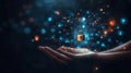 Futuristic hand presenting a holographic digital lock and network connections. Cybersecurity and data protection Royalty Free Stock Photo