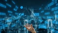 Futuristic Hand Reaching Towards Data Visualization with Graphs, Charts, and Binary Code in a High-Tech Digital Royalty Free Stock Photo