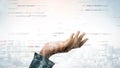 Futuristic Hand Reaching Out Amidst Digital Code and Urban Landscape Representing Technology, Connectivity, and Royalty Free Stock Photo