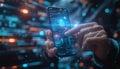 Futuristic Hand Using Smartphone with Digital Interface in Cyber Environment Royalty Free Stock Photo