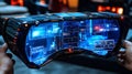 A futuristic handheld device displaying multiple user interface screens Royalty Free Stock Photo