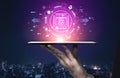 Futuristic Hands Holding Tablet with Digital Display of Data and Technology Interface against Cityscape Background at Royalty Free Stock Photo