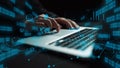 Futuristic Hands Typing on Laptop with Digital Data Visualization and Technology Elements Representing cyber security Royalty Free Stock Photo