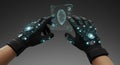 Futuristic hands wearing high tech gloves interacting with digital fingerprint interface against gray backdrop Royalty Free Stock Photo