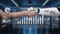 Futuristic Handshake Between Human Hand and Robotic Arm with Data Visualization Elements in a Modern Office Environment Royalty Free Stock Photo