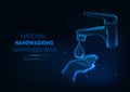 Futuristic handwashing banner with glowing low polygonal human hand, water drop and bathroom faucet.