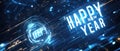 Futuristic Happy New Year text on a digital, blue and orange background Royalty Free Stock Photo