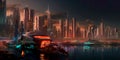 futuristic harbor with advanced boats and ships docked amidst a beautiful city skyline. Generative AI